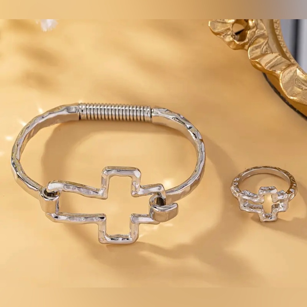 Hammered Silver Cross Bracelet and Ring Set